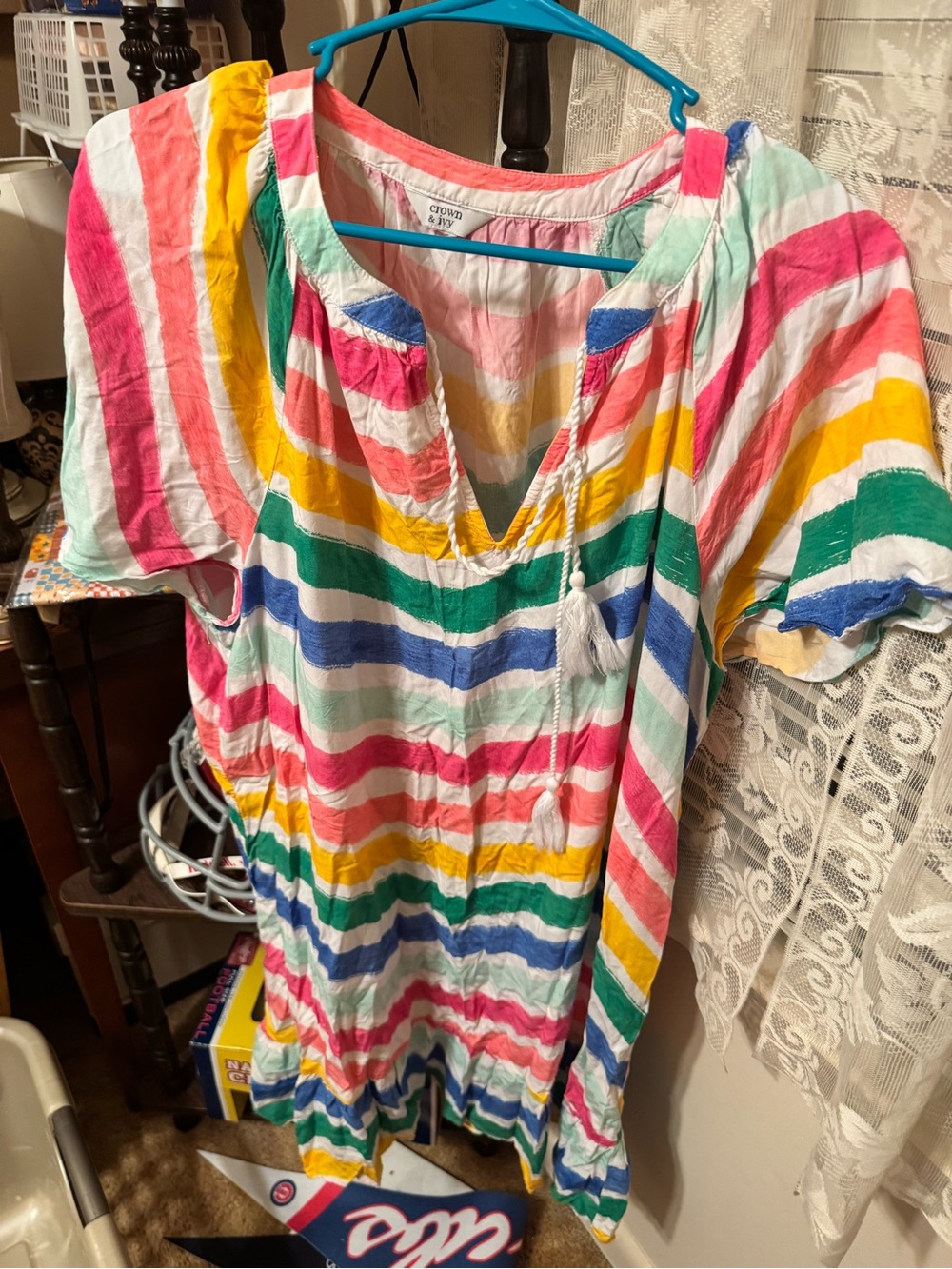 crown & ivy Multicolor Striped Cotton Swim Coverup - Pink, Yellow, Green, Blue